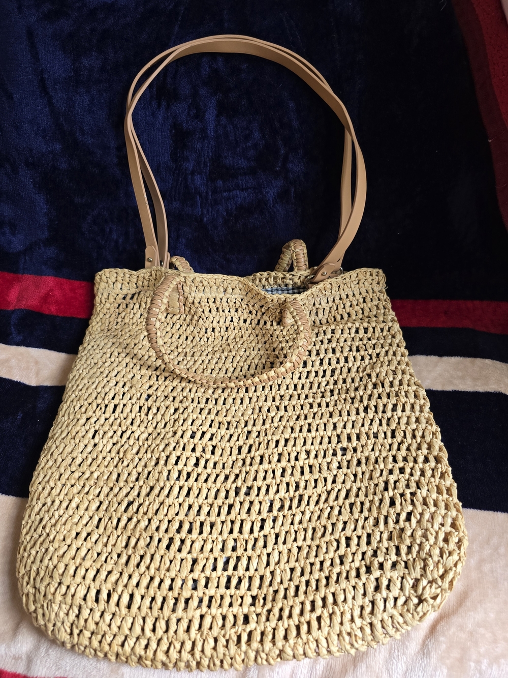 Woven Straw Tote Bag with Tan Handles
